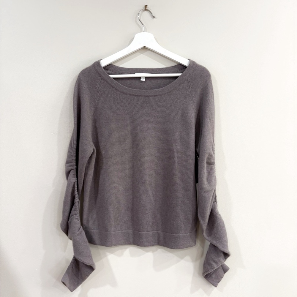 NWT ROI 100% Cashmere Shirred Sleeve Sweater Taupe XXS Luxe Knit Pullover $348